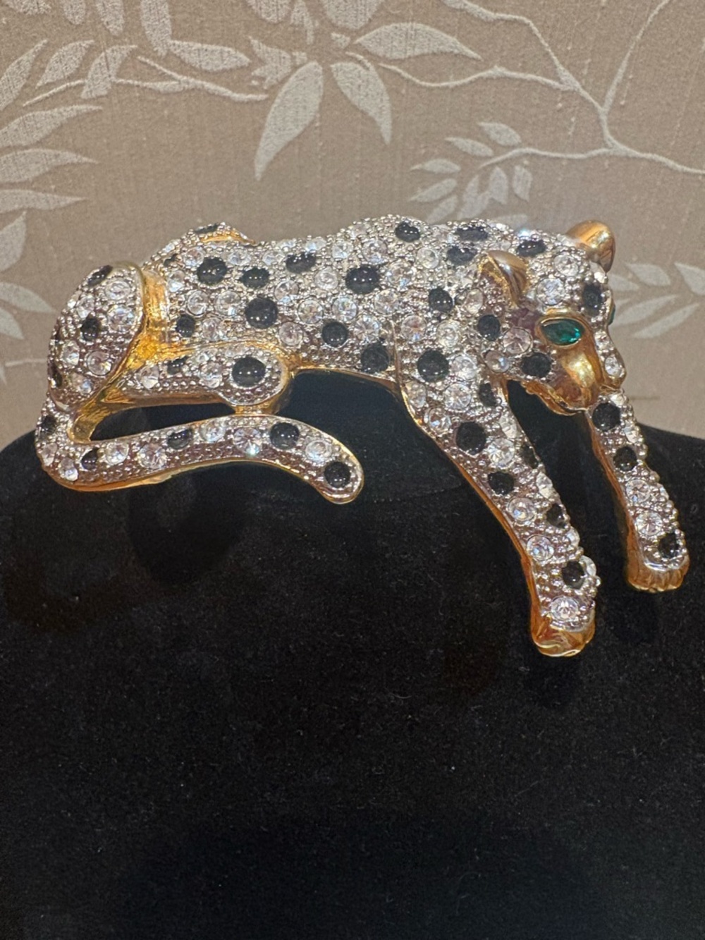 1980's Crystal Panther Statement Piece Gold-Tone Brooch with Green Eye Accent